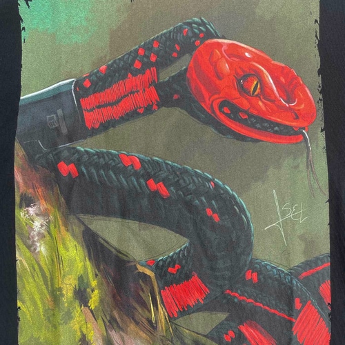 Close-up of colored snake design on black ART snake shirt with red and black details and a green background area