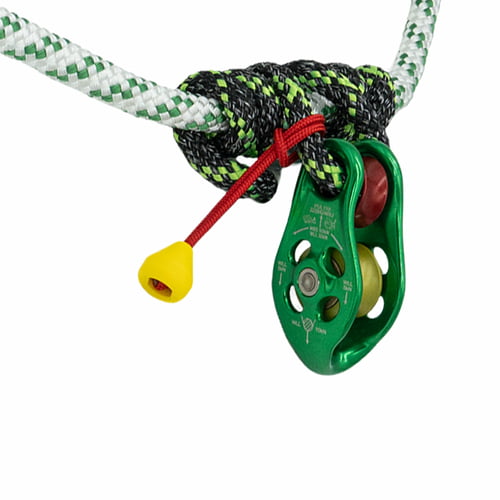 green pulleySAVER pulleySAVER deflection roller element wrapped with black and green rope, red safety rope with yellow end