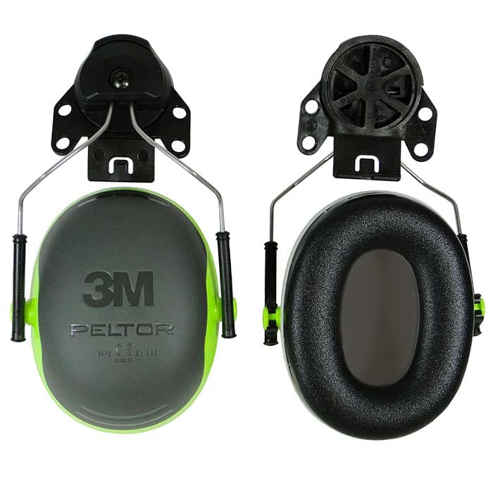 Ear protection X4 Plug by 3M Peltor in grey and green, with black temple and padding, front view with visible 3M logo and rear view with black inner padding