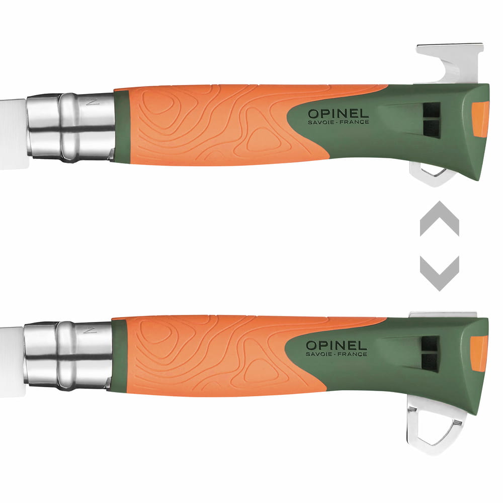 Two Opinel N°12 Explore knives side by side with partially extended blades, orange and green handles with pattern, manufacturer Opinel
