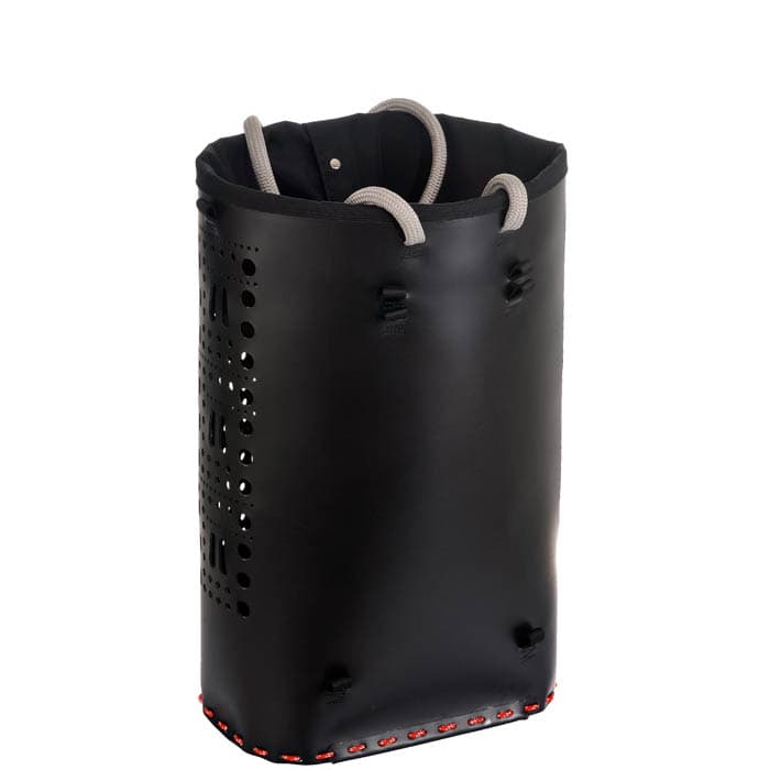 ropeBUCKET 80, black cylindrical container without strap, with grey handle loops and red stitching on the bottom, without visible lettering