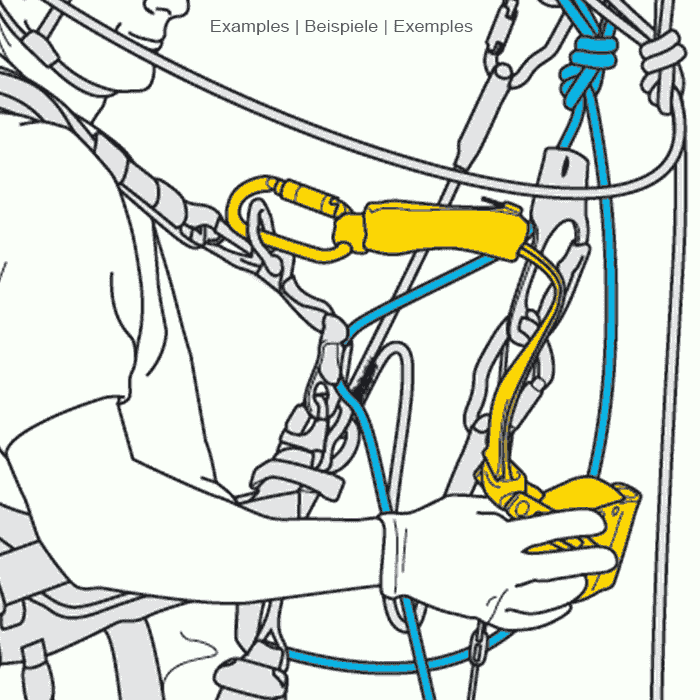Drawing of a climber wearing a helmet holding Petzl's yellow ASAP Lock on a rope