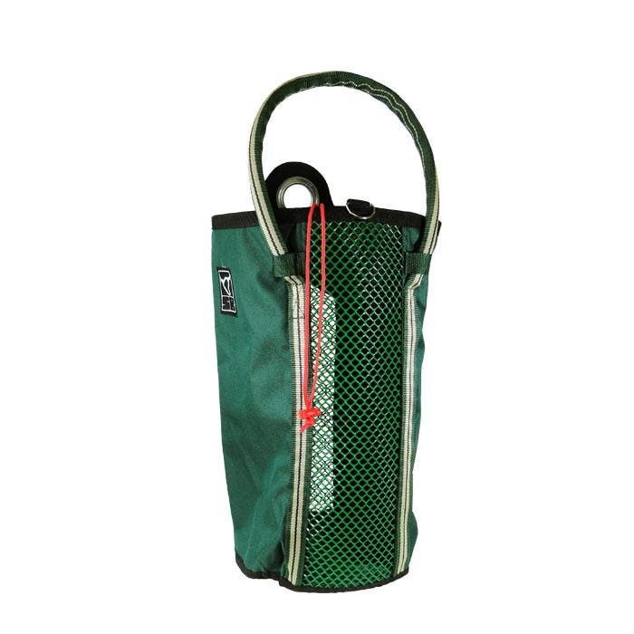 Grab Bag 20, green bag with black border, mesh compartment on the front, red drawstring and carrying strap