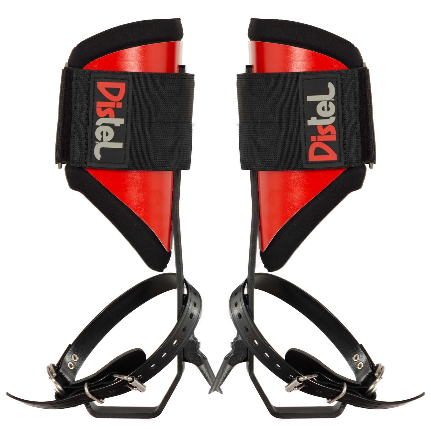 Distel Steel Classic, two red and black metal spur shoes with black straps and the lettering "Distel" on the black Velcro fasteners