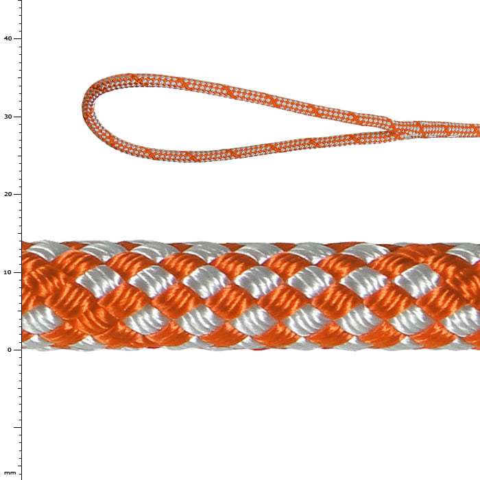 Sirius Bull Rope 14 S, orange and white braided rope with loop at the end, close-up of the material and structure