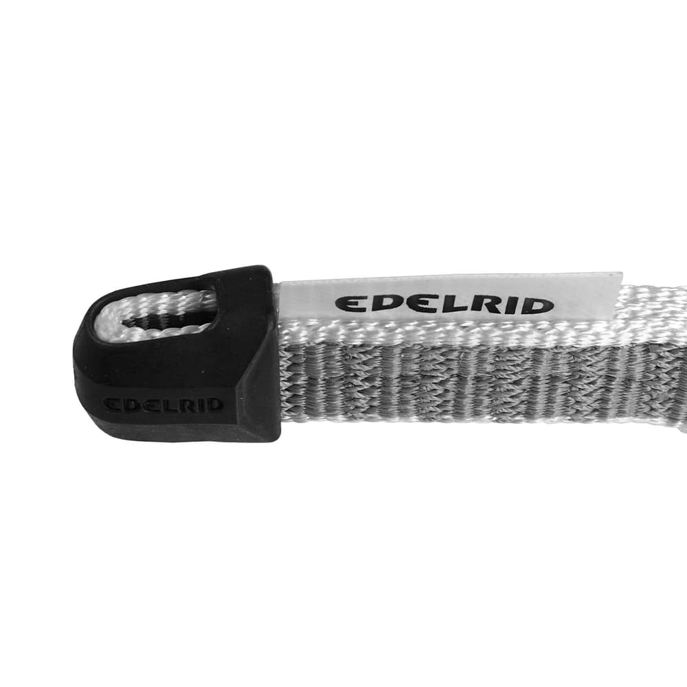 Close-up of Edelrid's PES Express Sling 16 grey sling strap with black rubber protection and white label with black lettering Edelrid