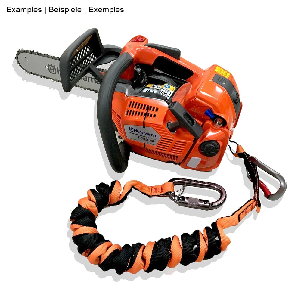 Husqvarna chainsaw model T540 XP in orange with black handle, attached to it a full reach lanyard in orange and black with snap hook