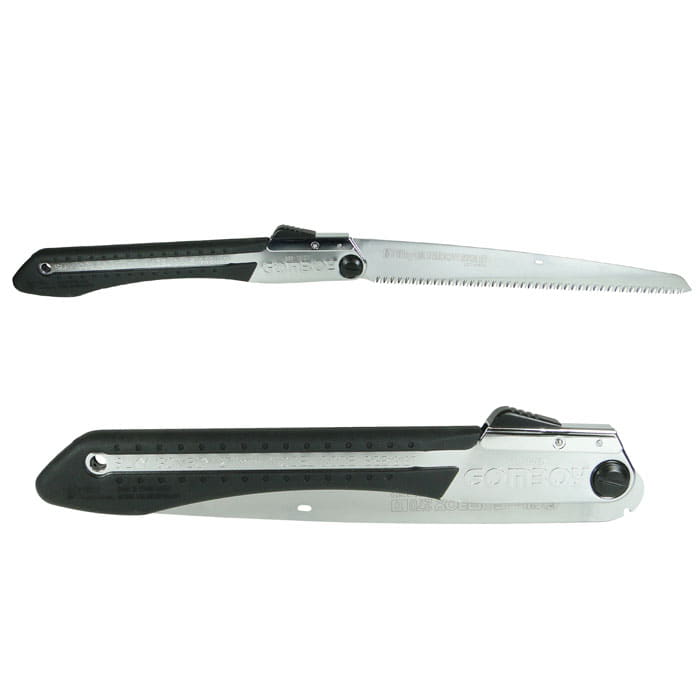Gomboy 270-10 Folding saw with black handle and silver blade, manufacturer name Gomboy visible
