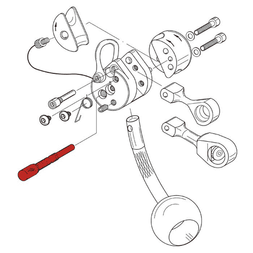 Technical drawing of an exploded diagram with the LockJack mounting screw for clamping jaw highlighted in red, surrounded by other components in black and white.