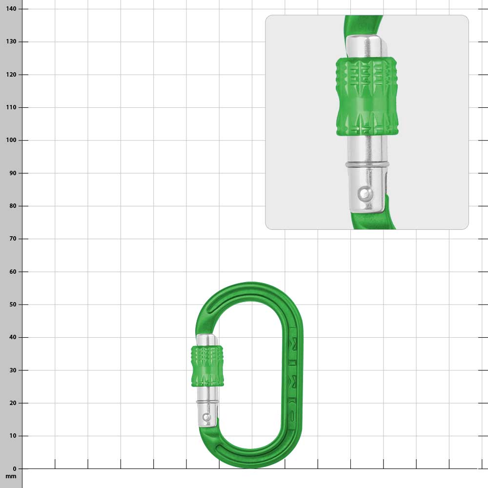 XSRE Lock, manufacturer not visible, green carabiner with green clasp, close-up of the clasp at the top right