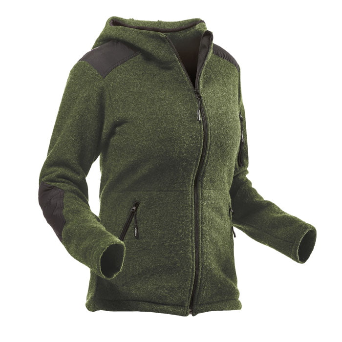 Wooltec hooded jacket women green with black shoulder and elbow patches, zipper and hood