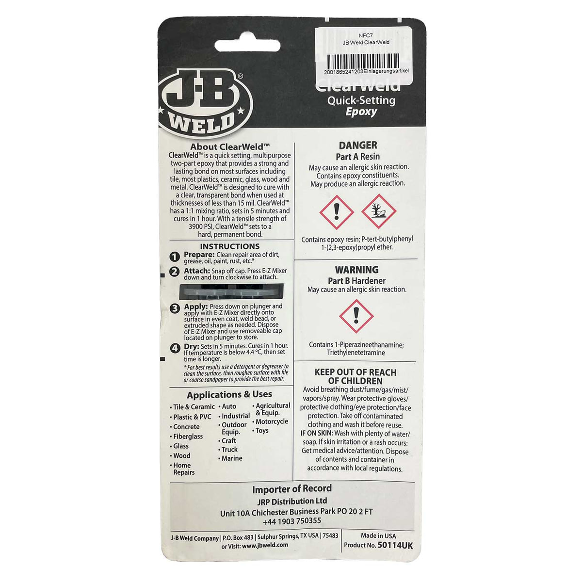 Back of JB Weld ClearWeld Quick-Setting Epoxy packaging with detailed instructions, warnings, hazard pictograms and areas of application, all in black and white design with manufacturer and importer information