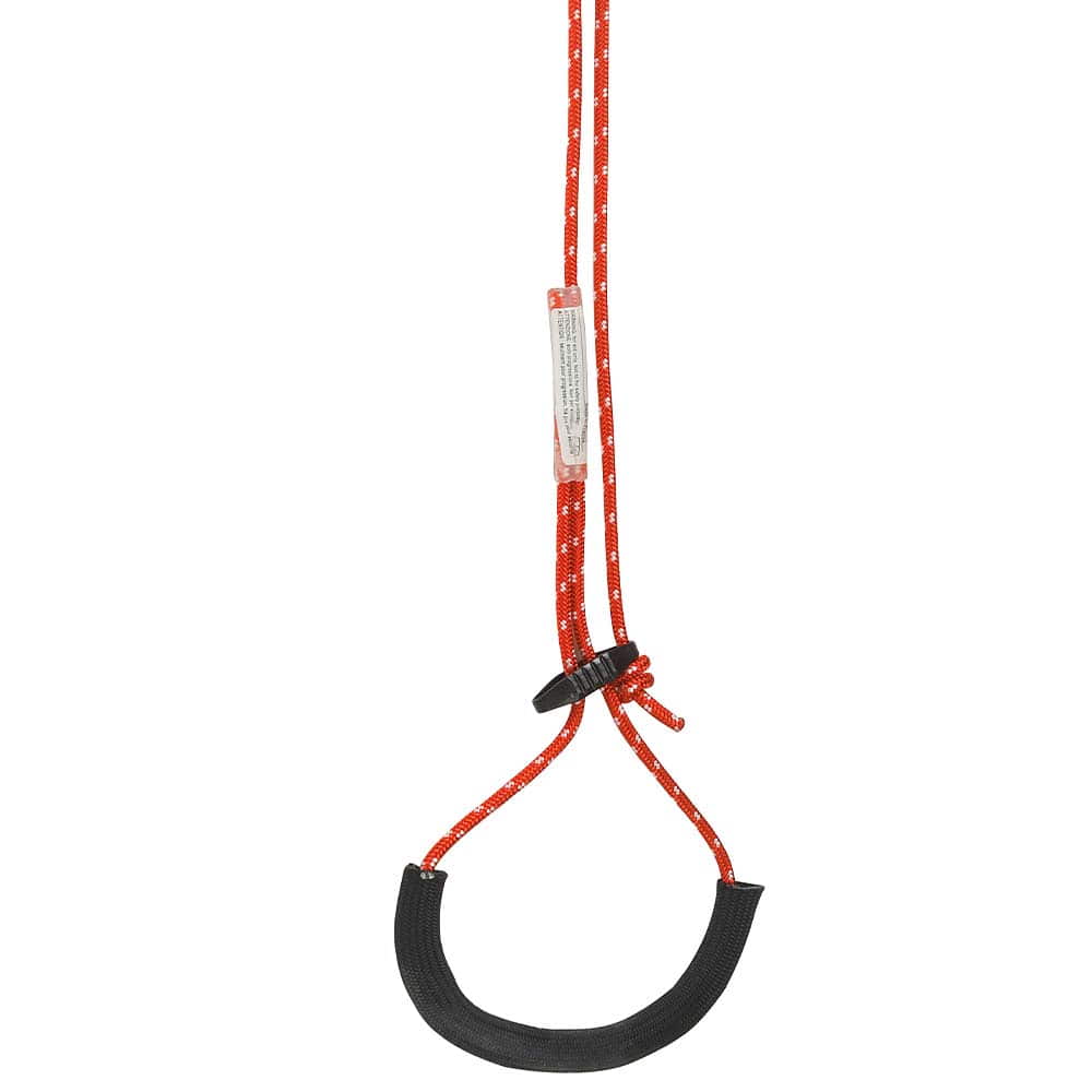 Black, semi-circular handle with red rope and small white label on the rope, part of the Turboknee System