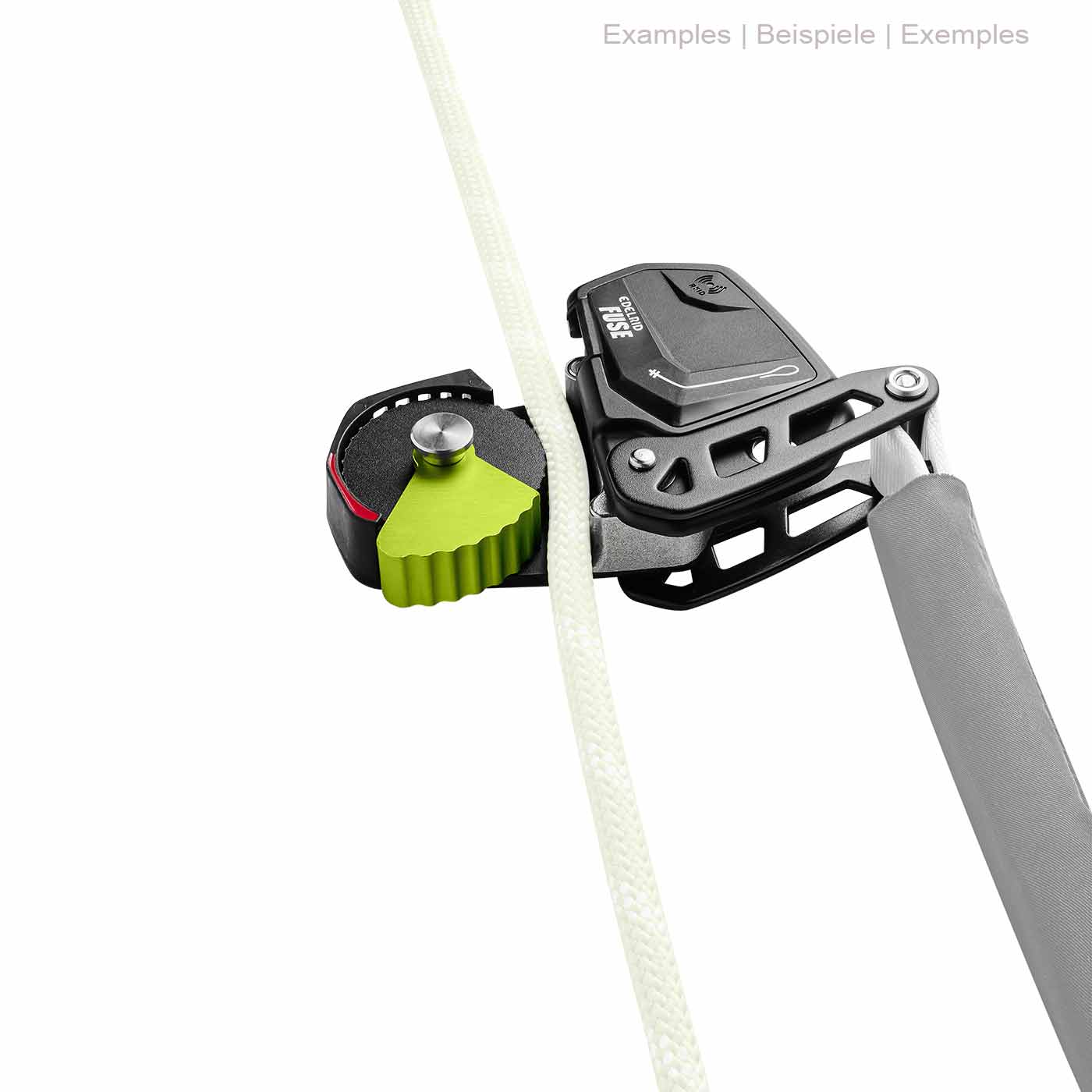 Edelrid Fuse in black with green lever through which a white rope is passed, with gray rope guard on white background
