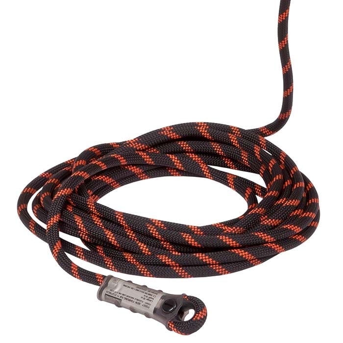 Fossy Set Uni 2, black and orange striped climbing rope with grey safety mechanism at one end