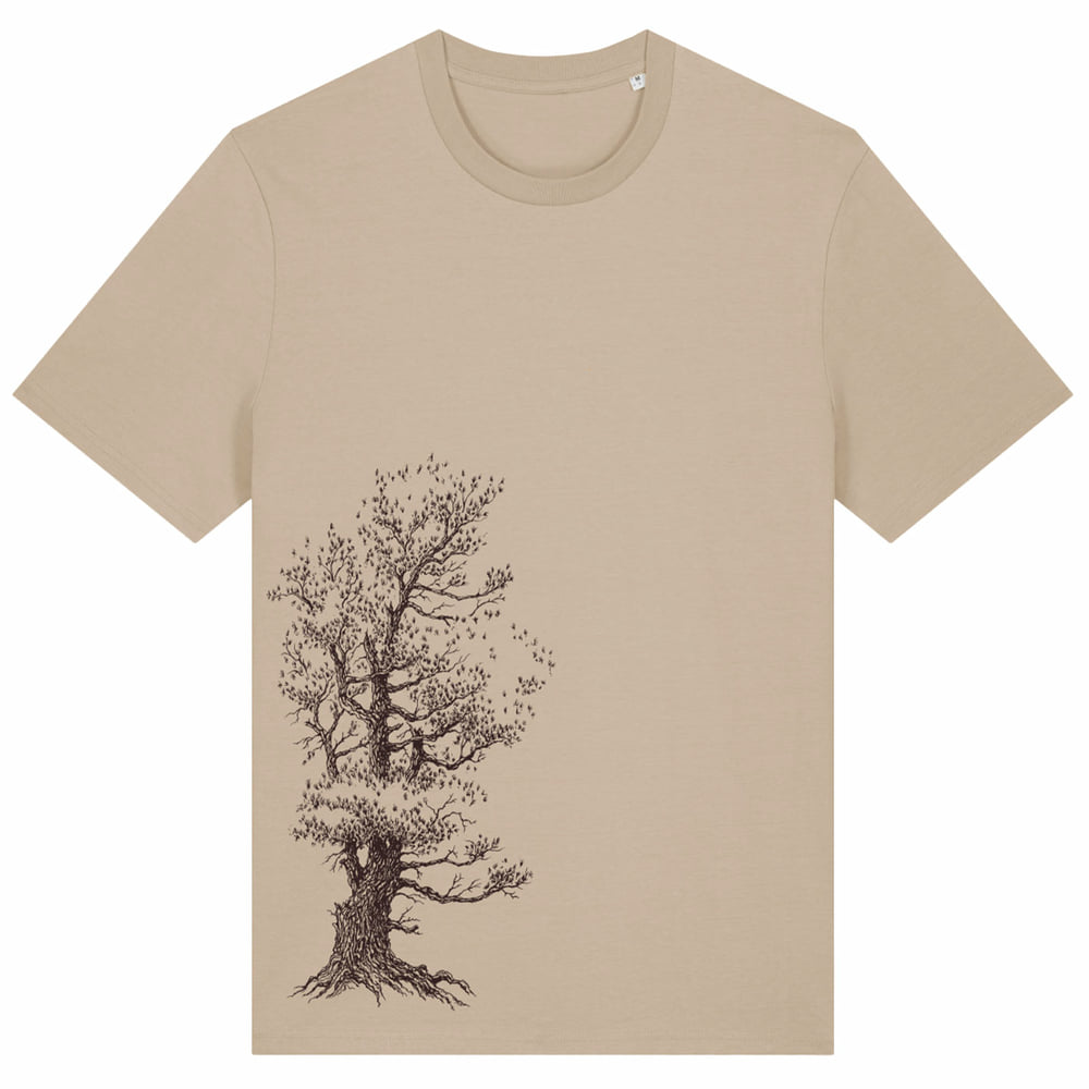 Stone Pine Tree T-Shirt in beige with black tree design on the front