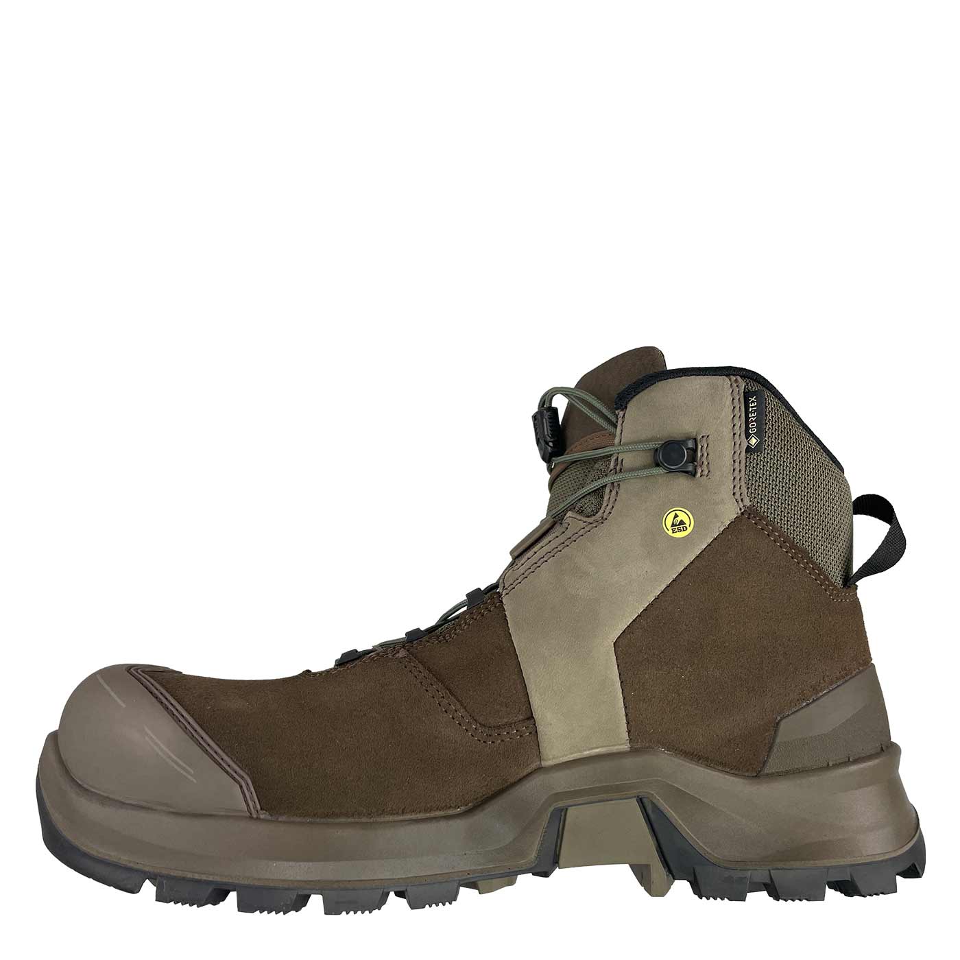 Connexis Safety+ GTX Mid brown safety shoe with GORE-TEX and ESD logo, right side view