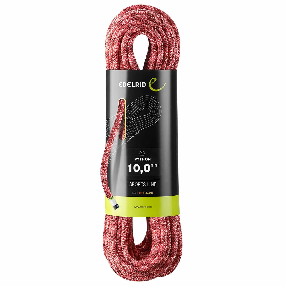 Edelrid Python climbing rope in red and white with black label and green underside, packed, 10.0 mm diameter, Sports Line, Made in Germany