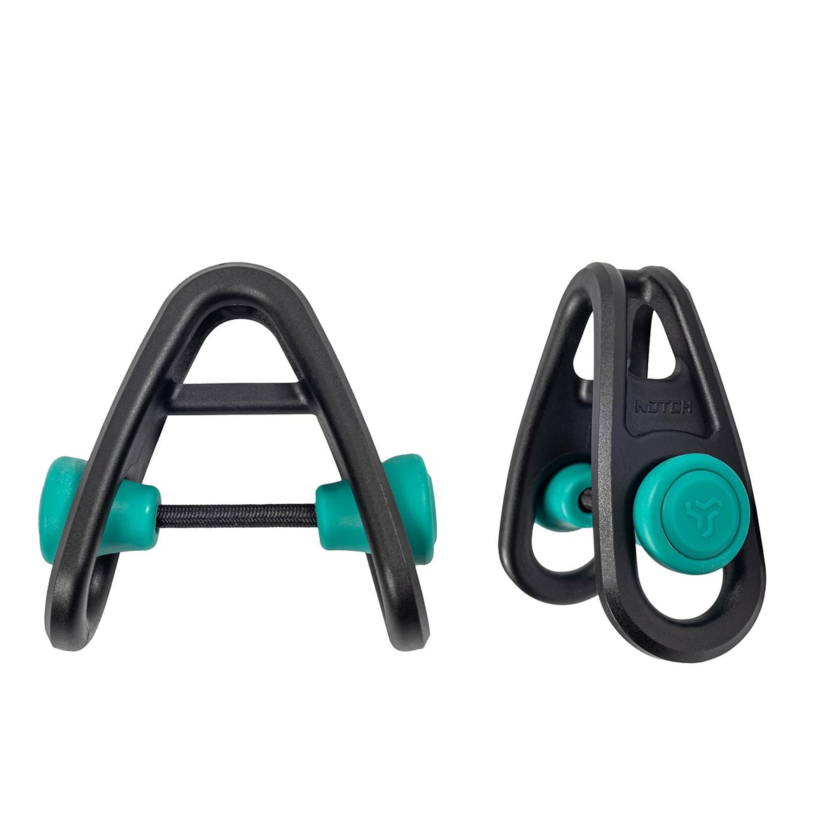 Sidekick product in black with two turquoise buttons and a black cord in between, front and side view
