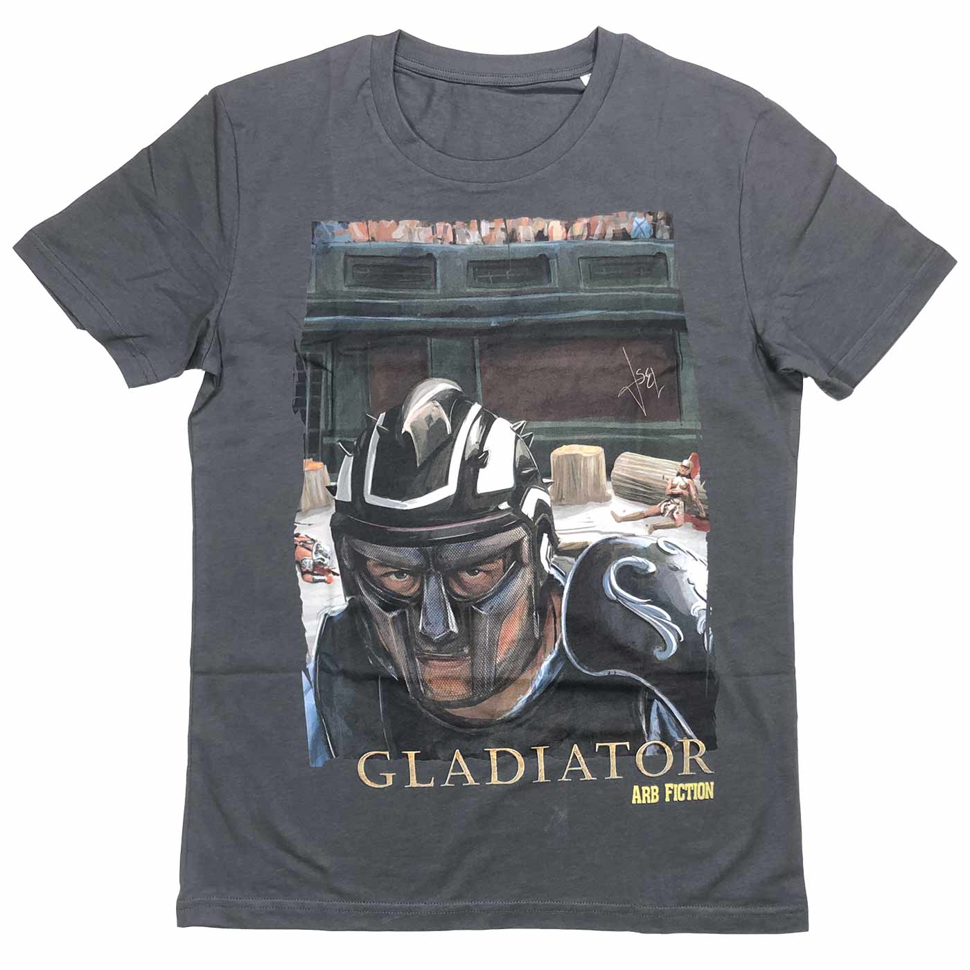Grey Gladiator T-shirt with a gladiator print with helmet and "GLADIATOR ARB FICTION" lettering on a white background