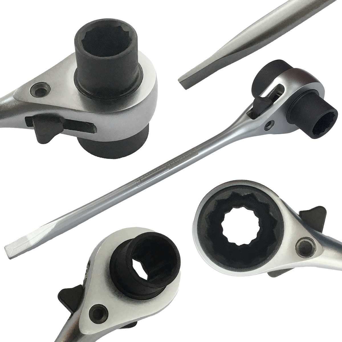 Four detail views of the RatchetScrench ratchet wrench, showing the black cylindrical head, flat screwdriver and lever in different positions.