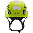 Tectum Air Hi-Viz climbing helmet by Edelrid in bright yellow with white reflectors and black chin strap, front view with visible Edelrid brand logo