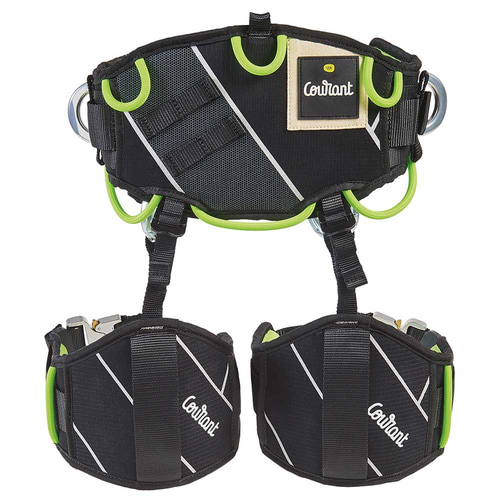 Rear view of the Koala V1.2 harness by Courant in black with green details, multiple loops and metal clasps