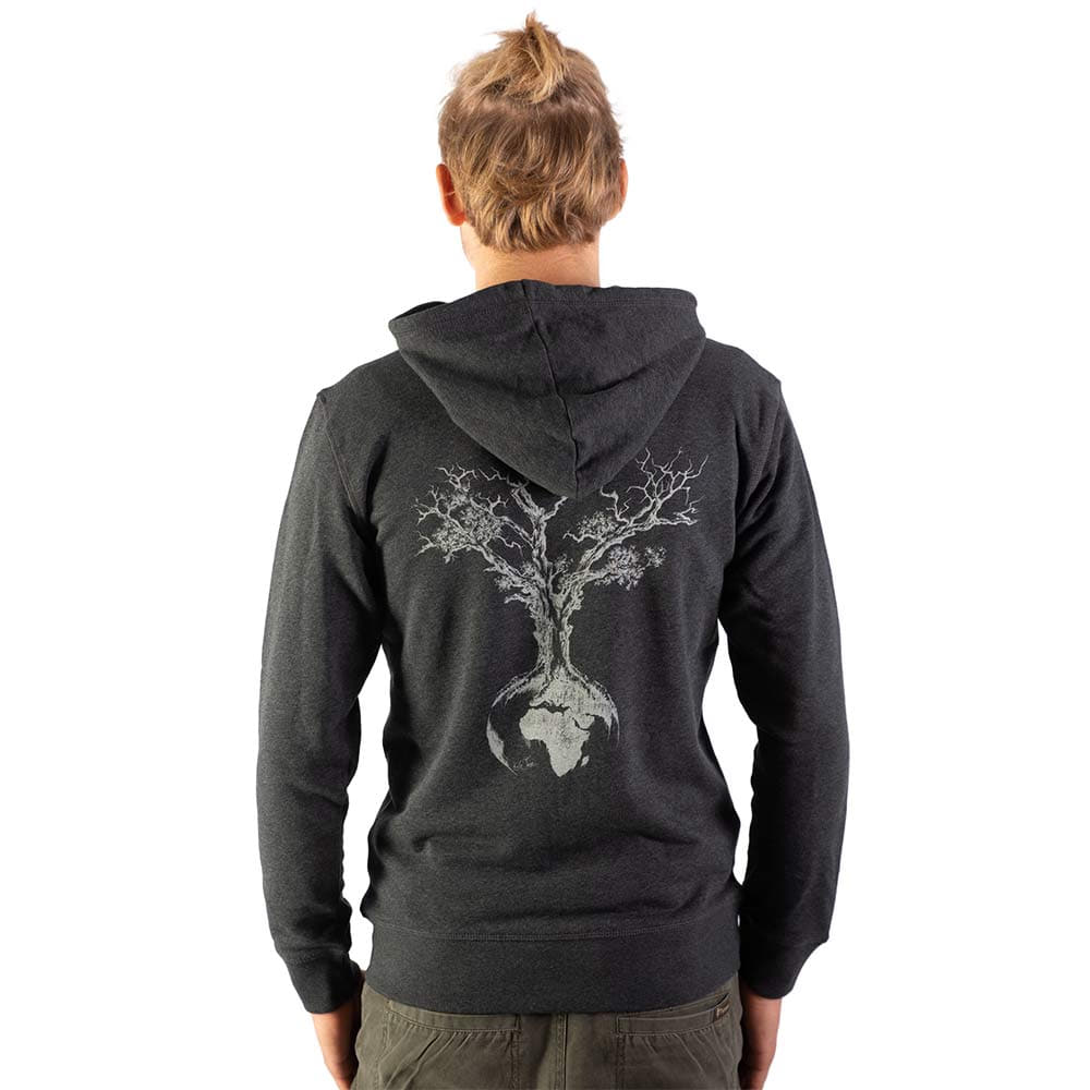 World tree hoodie, back view of a man, dark gray hoodie with large white tree and earth print on the back