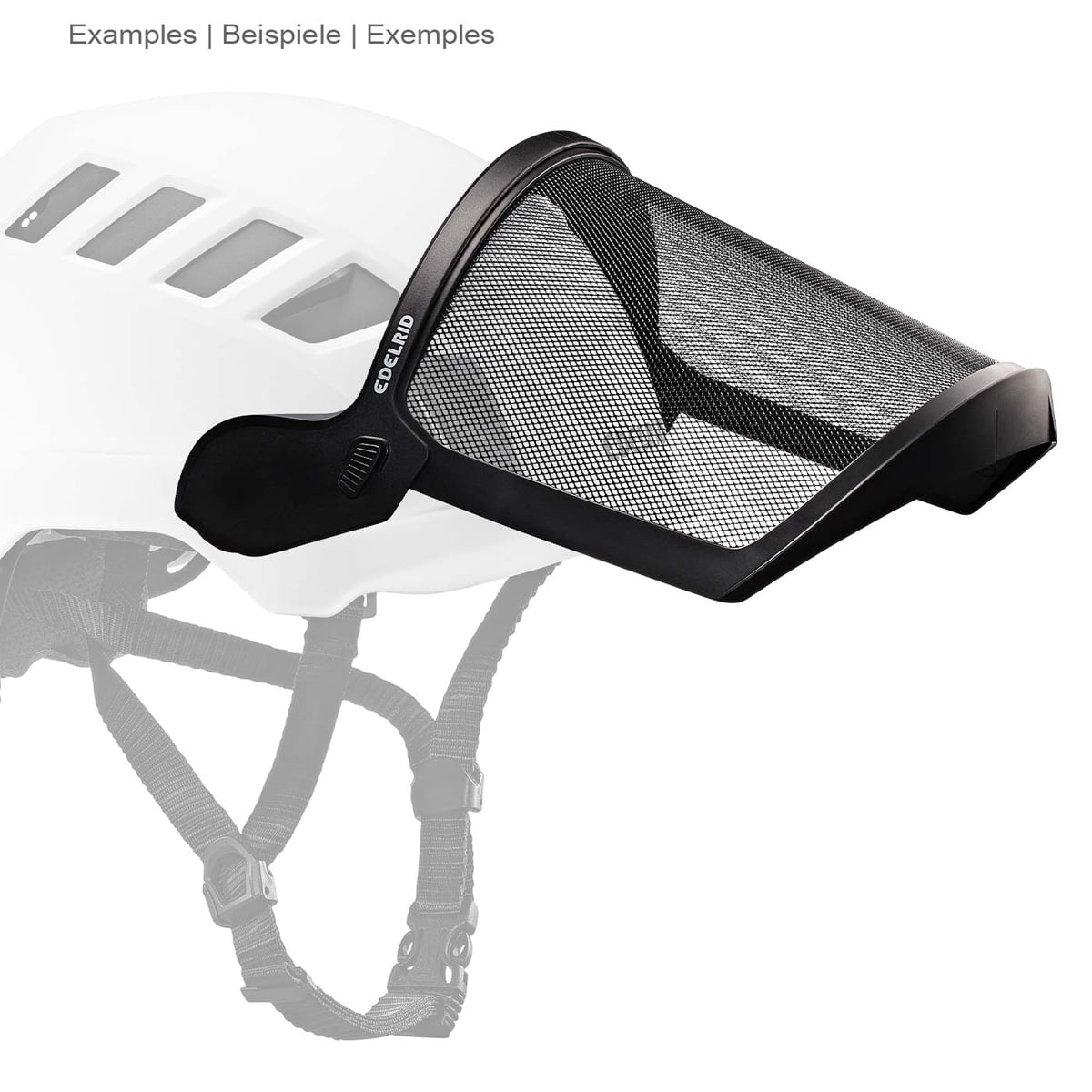 Edelrid Visor Mesh with black frame and mesh fabric attached to the white helmet in side view