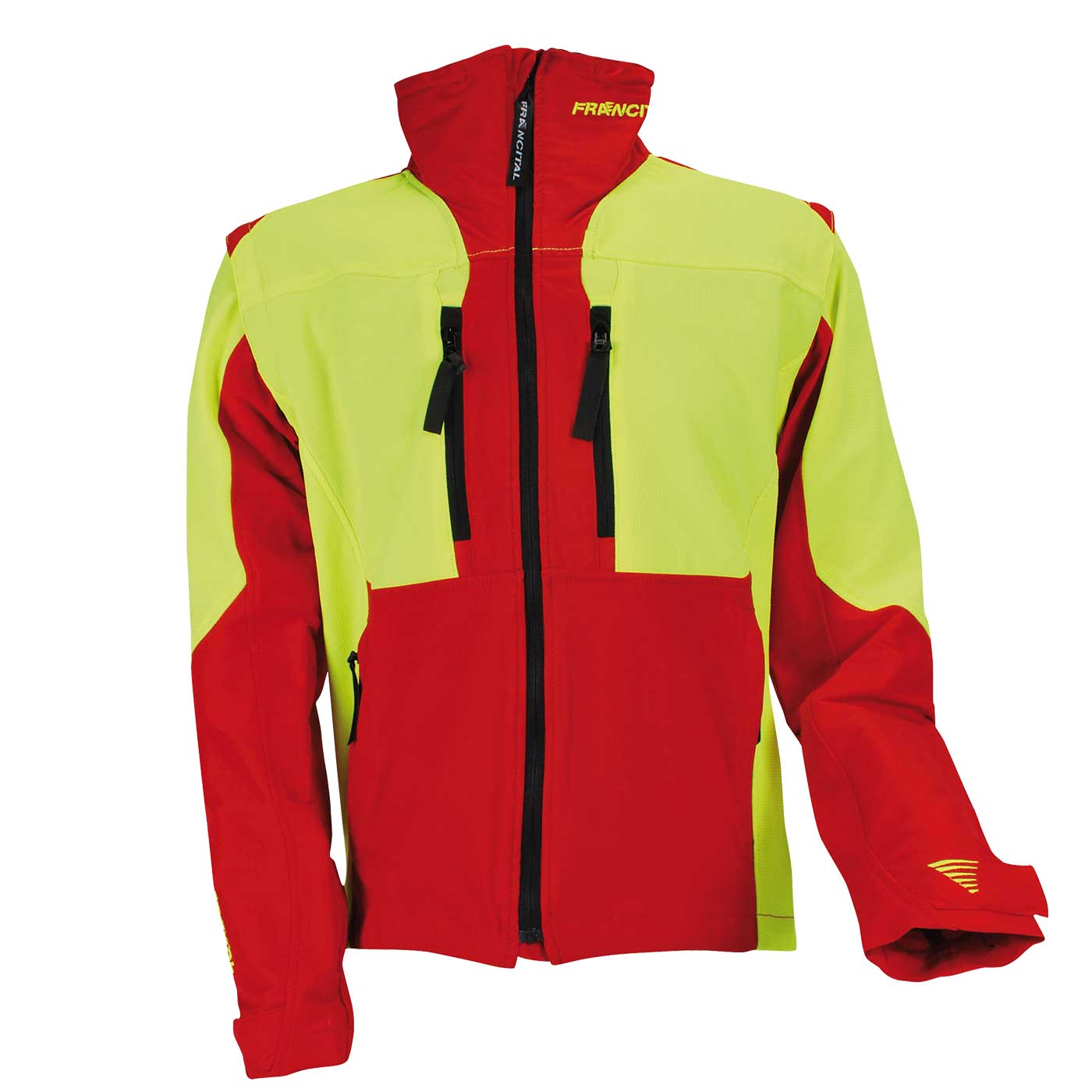 Aigoual R jacket in red and yellow with two black zippered front pockets and high collar