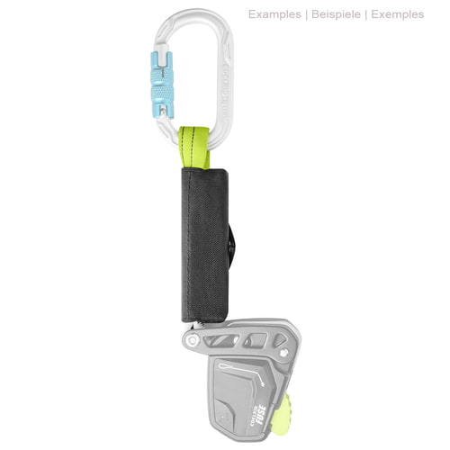 Defuser S by Edelrid, black guard with green loop, white strap, attached to a white carabiner with light blue clasp and grey device with yellow lever