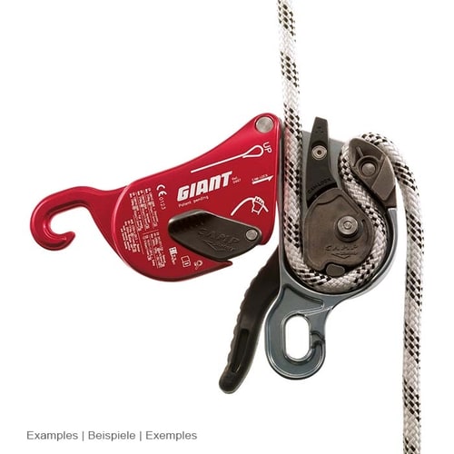 Two Giant climbing equipment from CAMP, one in red and one in gray with black lever, the gray device has a white and black rope threaded