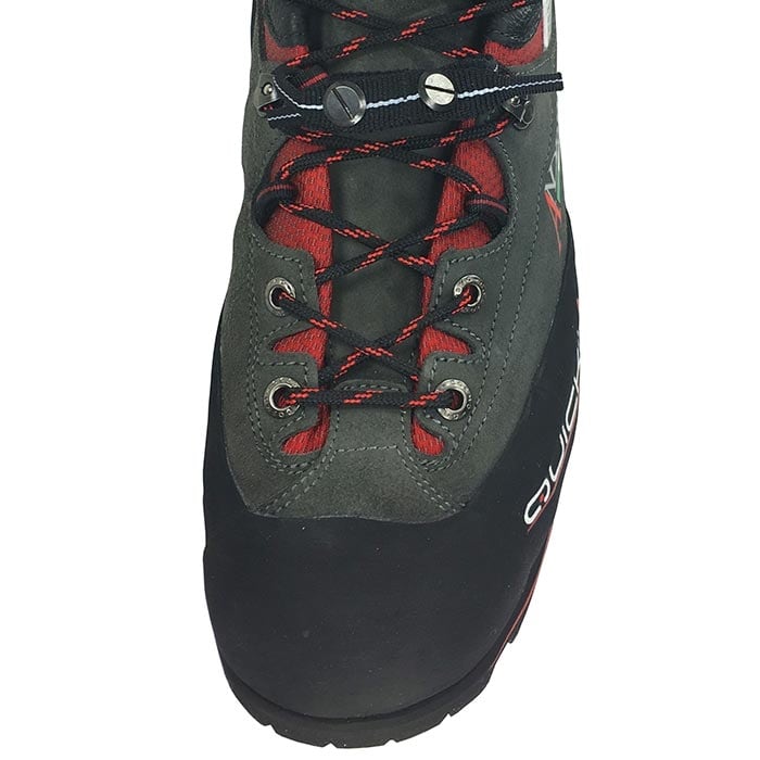Top view of the Andrew Quickstep hiking boot with grey upper, red and black laces and "Quick" lettering
