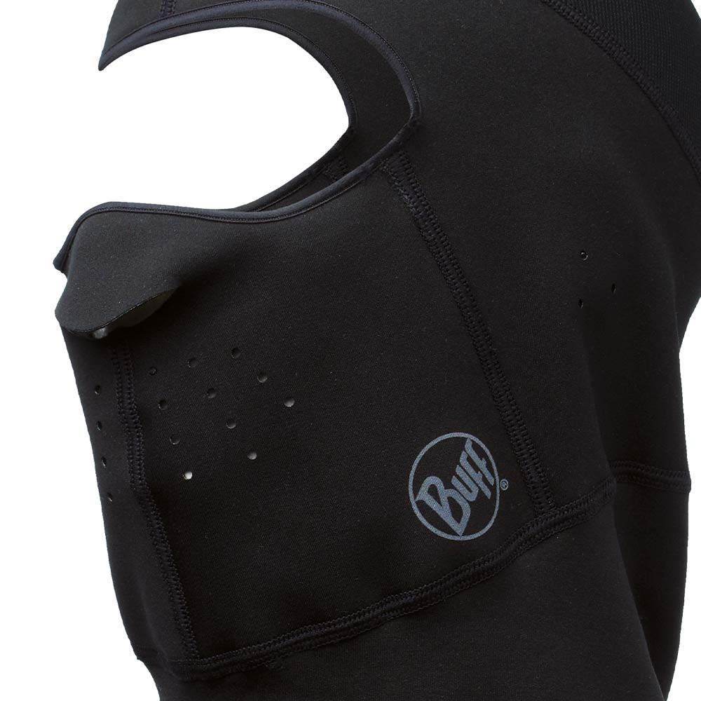 Close-up of Buff's Balaclava Cross Tech, black mask with small ventilation holes and visible logo
