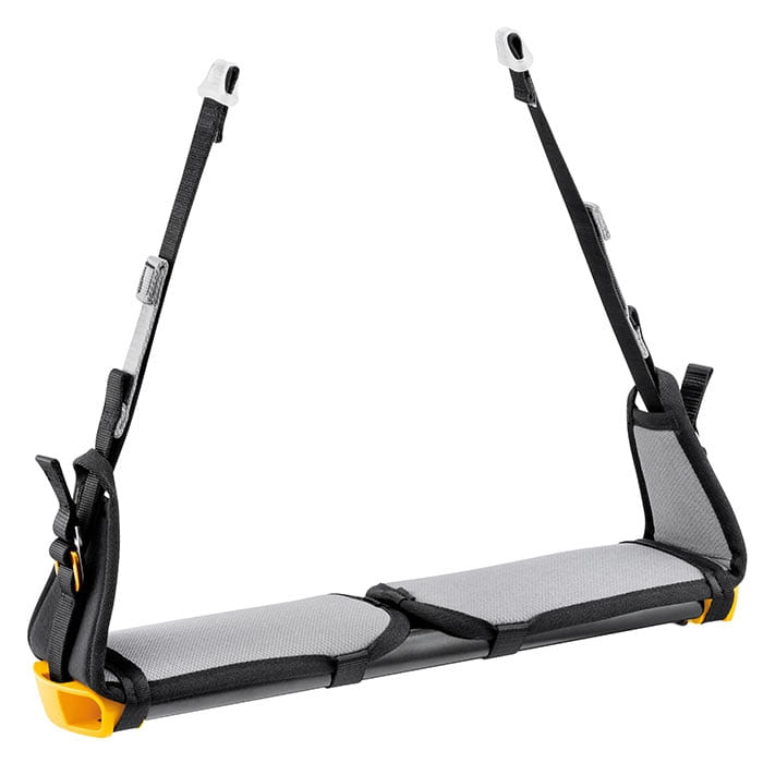 Sellette, grey-black seat with two black straps and yellow plastic elements, no manufacturer's information visible