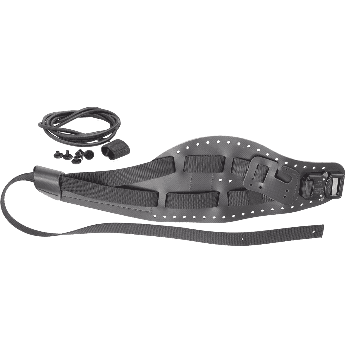 treeMOTION leg loop R, black leg loop with several black straps and plastic parts, plus a black cord and small black fasteners