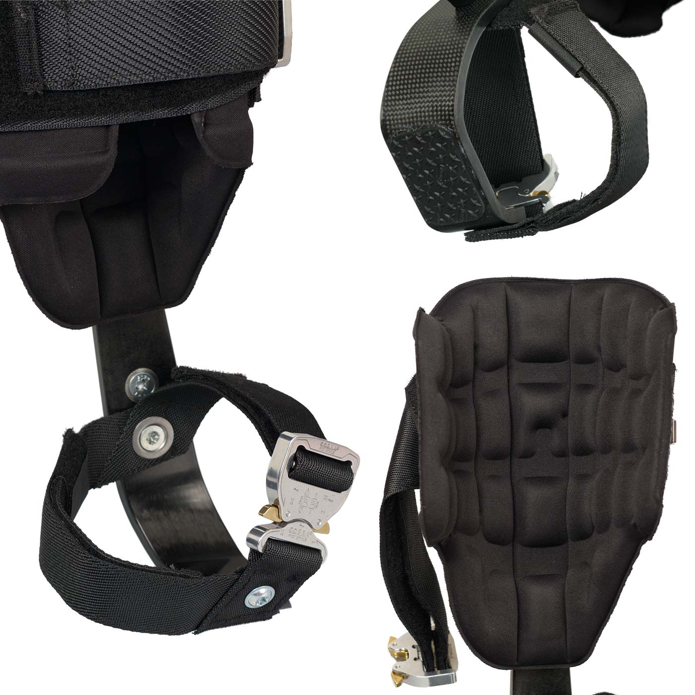 Distel Carbon 3.1 Click, close-up of the inner padding and black straps with metal clasps of the carbon leg brace