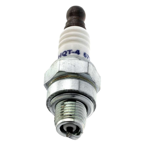 HQT-4 Spark plug, silver metal body with white ceramic insulator and black cap, on the ceramic part is HQT-4