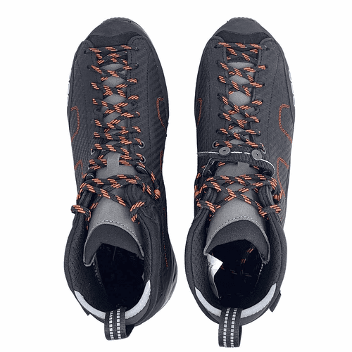 Neo black shoes with orange and black laces and grey heel tabs viewed from above