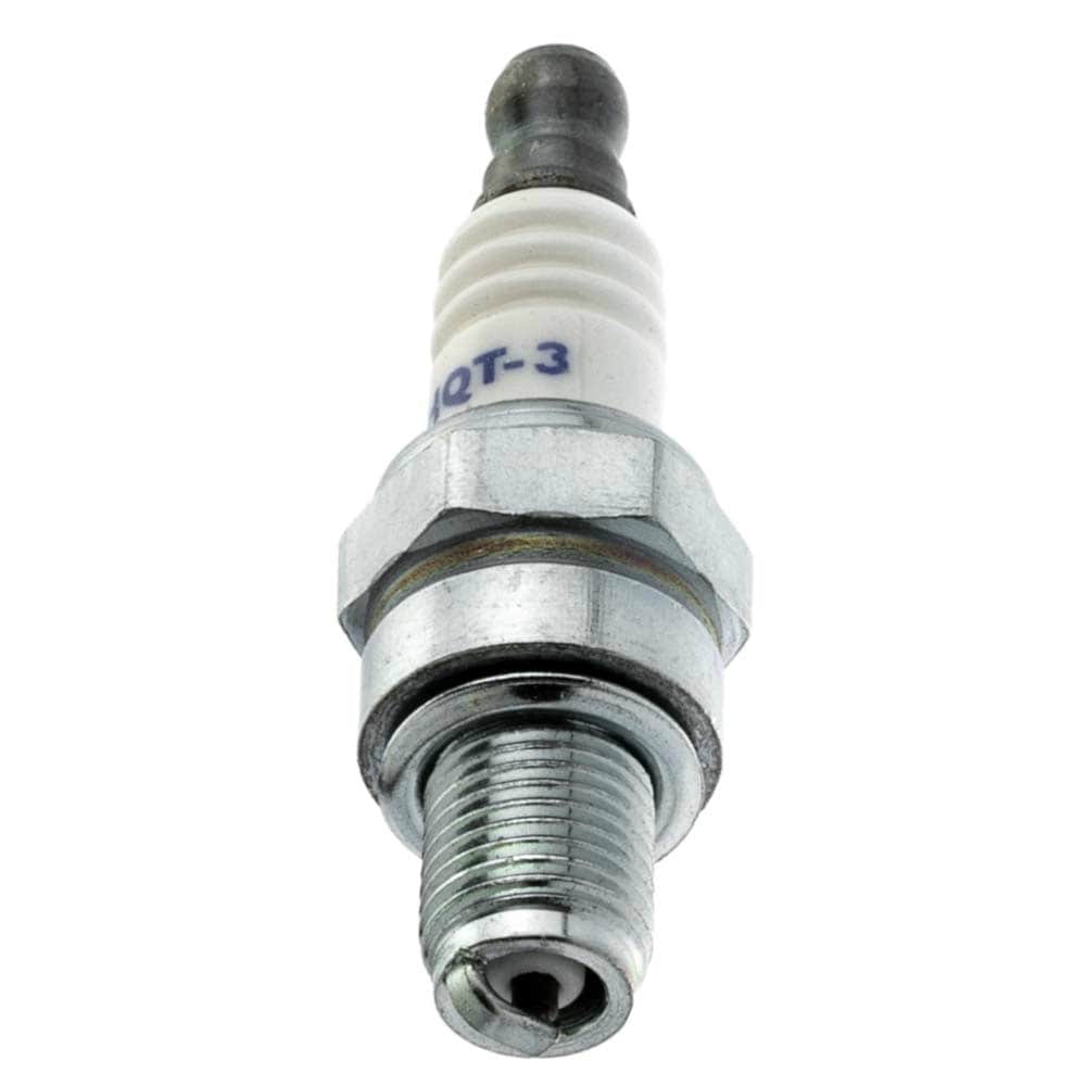 HQT-3 spark plug with white ceramic insulator and metal thread, black connection head at the top, "HQT-3" is written in blue lettering on the ceramic part