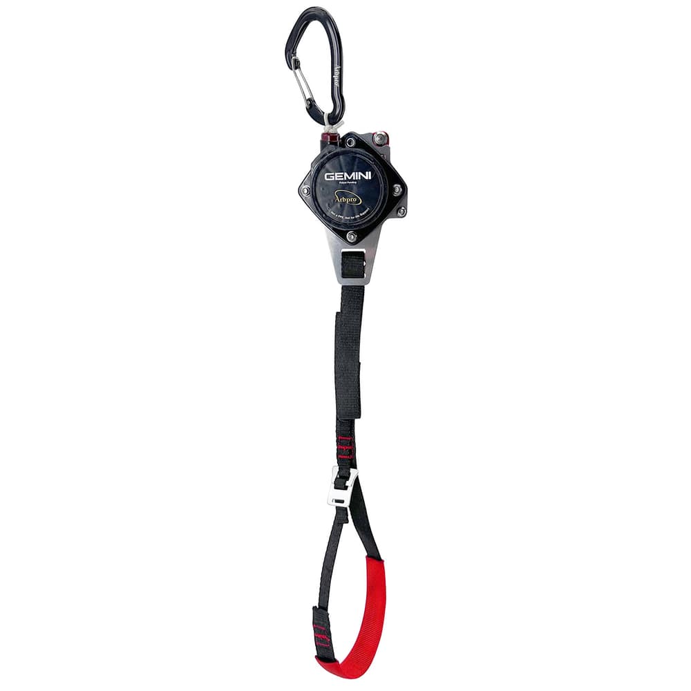 Gemini Knee, a belay device with black carabiner, round black housing with white inscription and black strap with red end