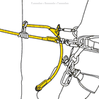 Drawing with yellow Microflip rope on climbing harness and rock face, manufacturer Petzl