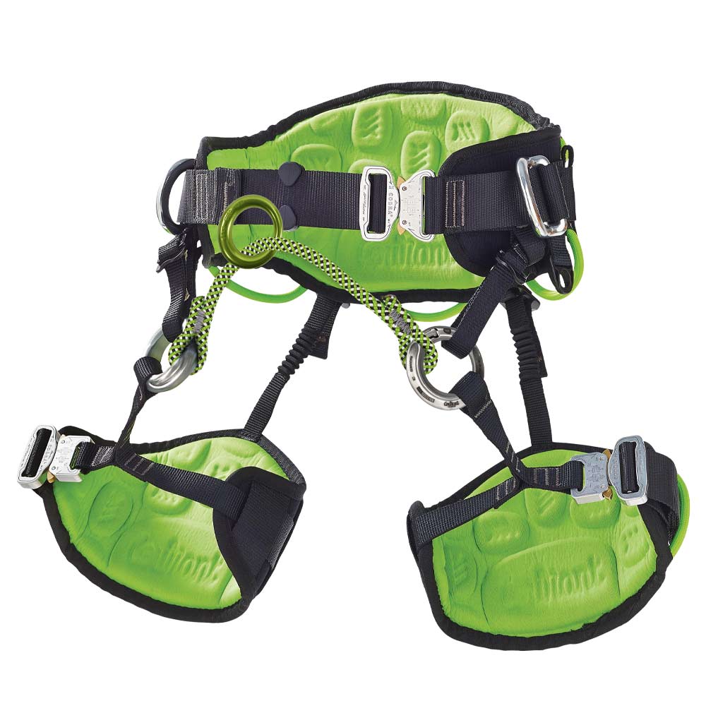Harness Koala V1.3 with green padding and black straps, metal clasps and green rope rings