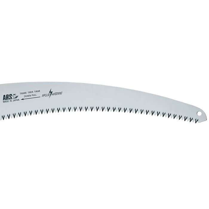 CTR-32 Pro saw blade from ARS, curved metal blade with serrated teeth and hole at the end, labeled "ARS Made in Japan" and other information