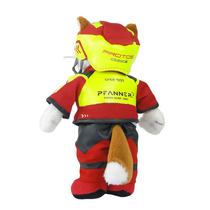 Wiffzack plush figure from behind with red and yellow jacket, red pants, red helmet with yellow details and brown tail with white tip