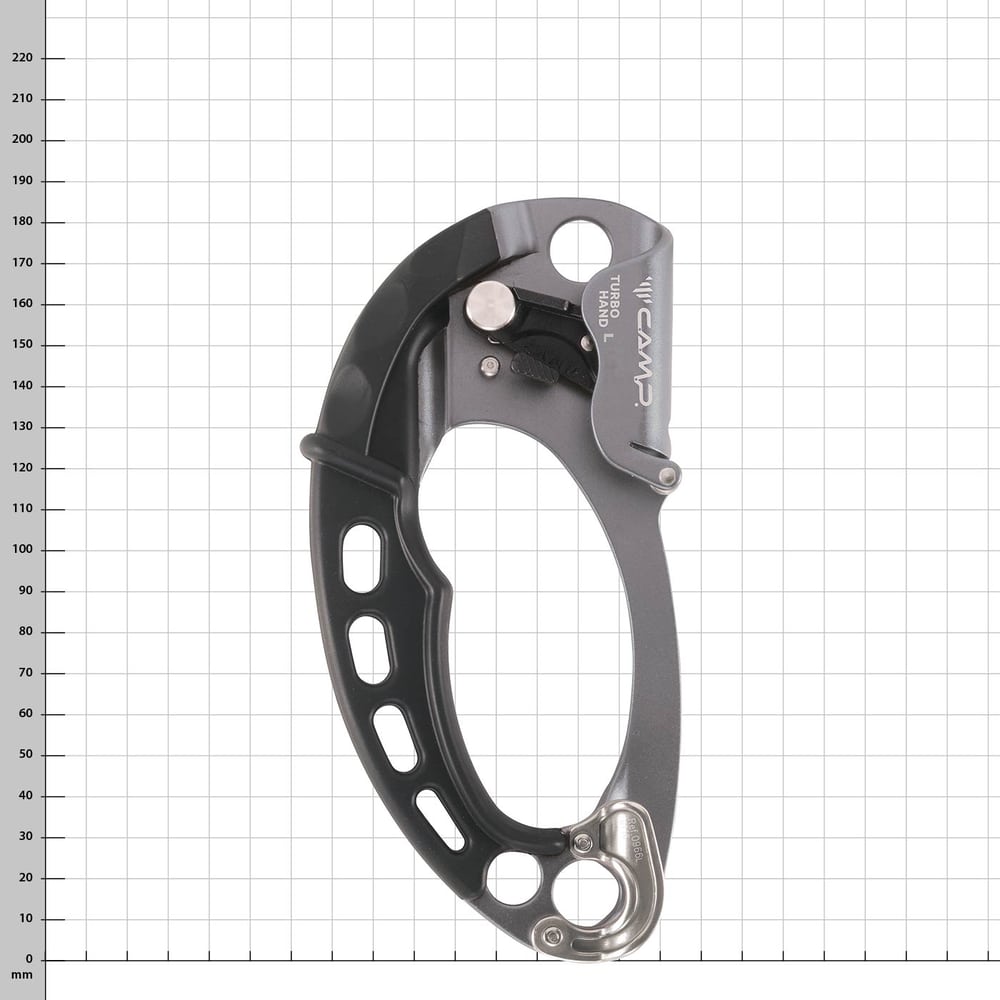 Turbohand Pro L by CAMP, grey and black via ferrata glove with metal parts, on checkered background