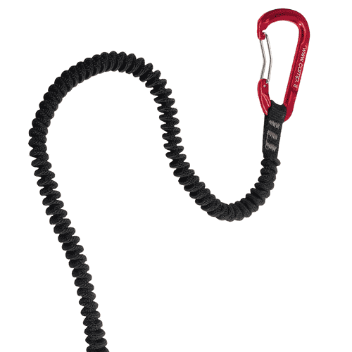 Red snap hook with black elastic rope, on white background