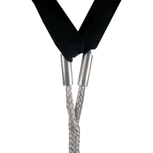 Two stainless steel thimbles 10 on grey braided ropes ending in black protective cuffs