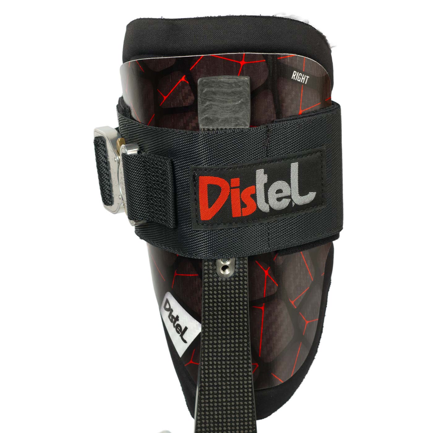 Distel Carbon 3.1 Click, right carbon leg splint with black pad, black Velcro and Distel logo in red and white