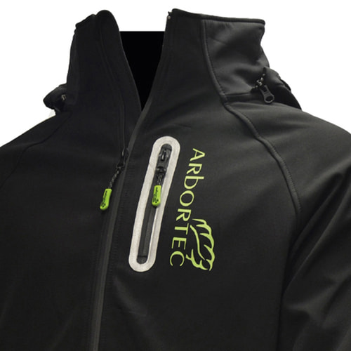Close-up of Arbortec's black Caiman jacket with green logo and zippers on the chest and sides